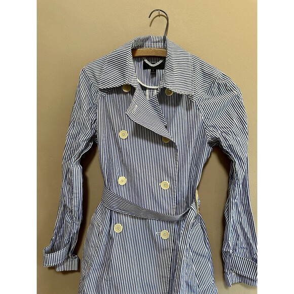 J Crew Womens Blue Striped Double-Breasted Cotton Trench Coat Pockets Size 2 - Picture 2 of 14